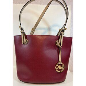 Michael Kors Red Leather Tote Bag Purse Beige Handles Gold MK Charm Crimson